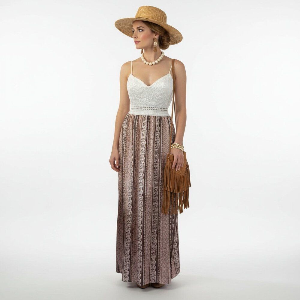 Justify Ivory Print Lace Bodice Sleeveless Maxi Dress M